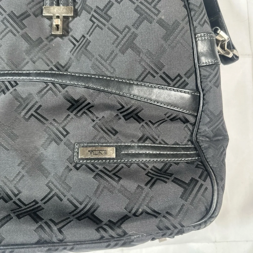 Tumi Black Monogram Laptop Briefcase With Leather Handles And Strap